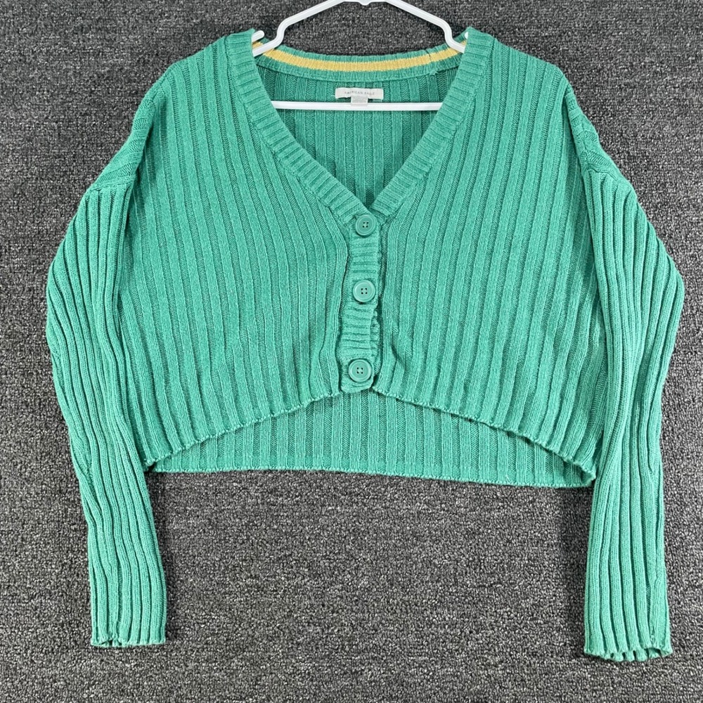 American Eagle Cardigan Women XS Green Good Ribbed Cropped V-Neck Button Front